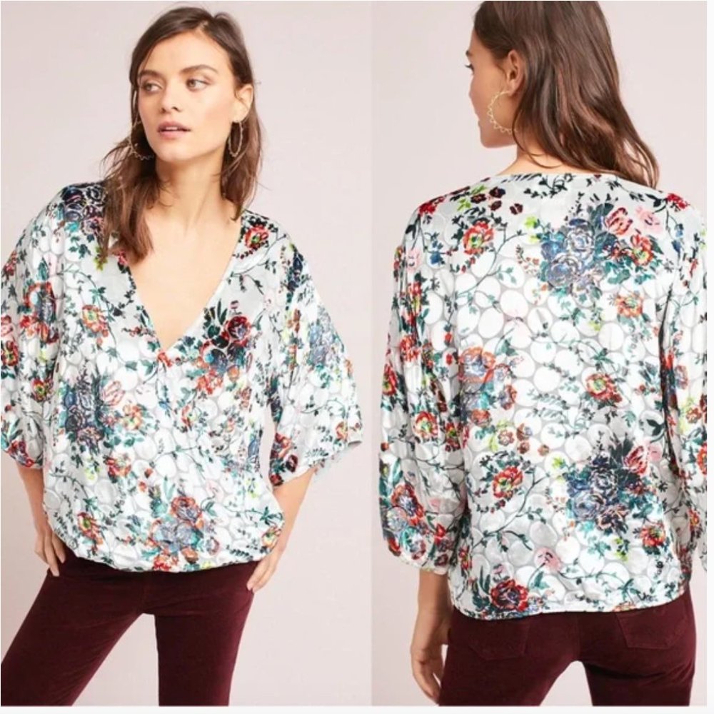 Anthropologie Umi Silk & Velvet Floral Burnout Wrap Top S
